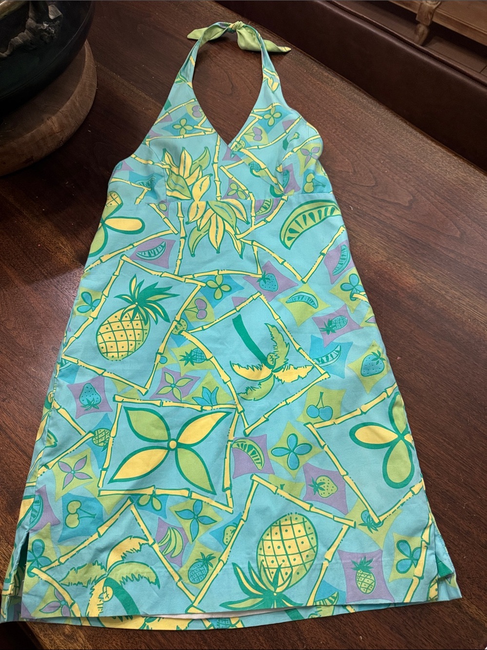 Vintage Lilly Pulitzer Girls' Tropical Pineapple Halter Dress - Aqua & Yellow